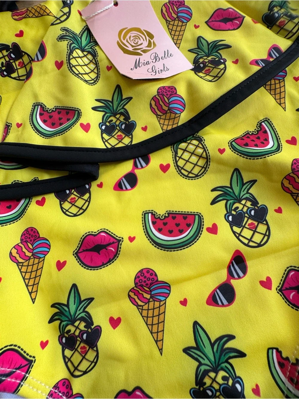 NWT Mia Belle Girls Yellow Fruit One Shoulder Ruffle Swimsuit One Piece Sz 6 6X